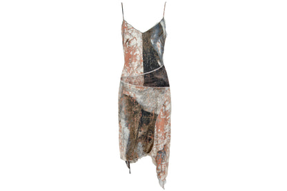 90s Italian designer silk abstract print dress with mesh trim - Made in Italy