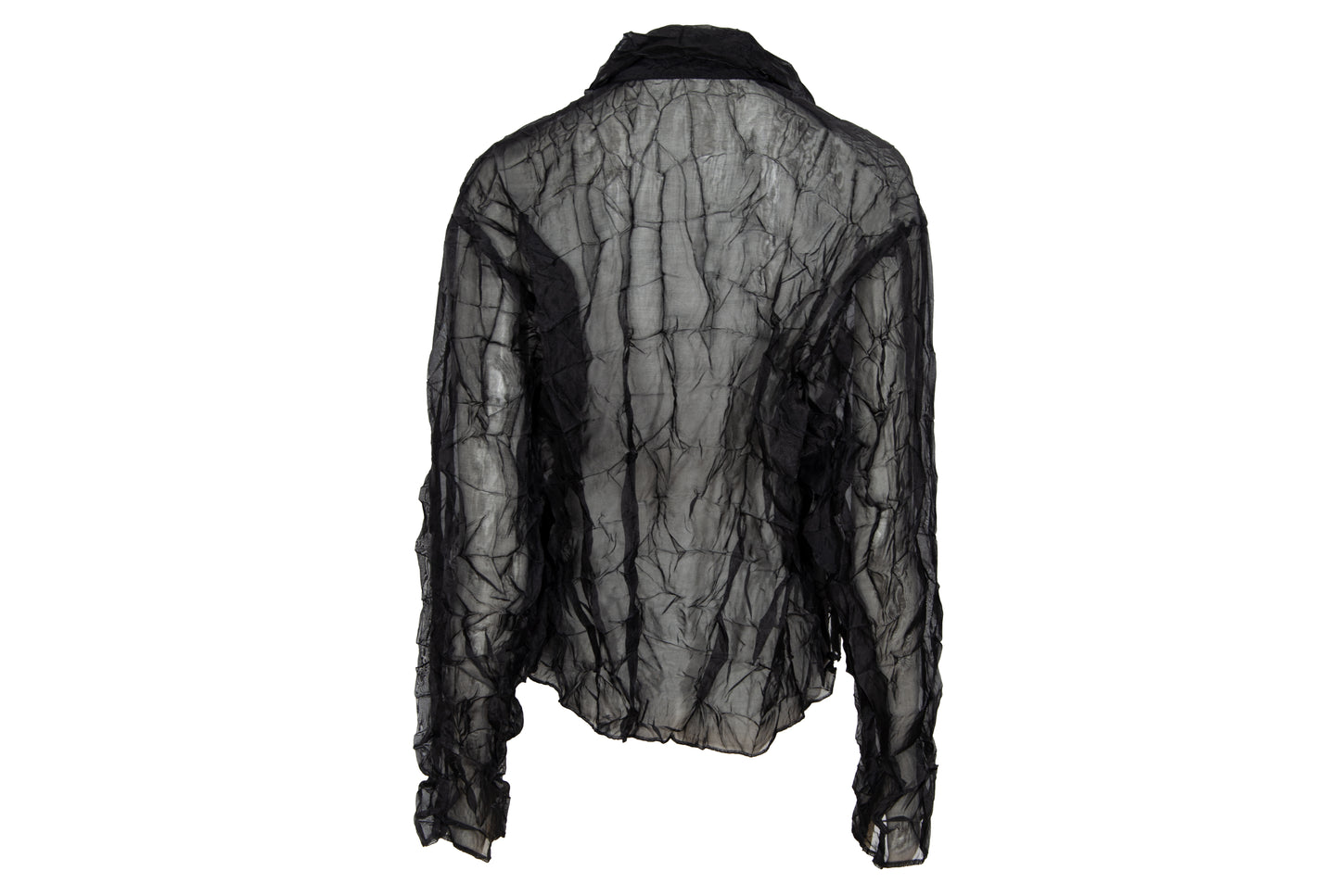 80s French designer permanent pleats sheer black open front blouse