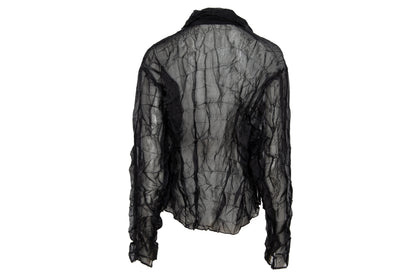 80s French designer permanent pleats sheer black open front blouse
