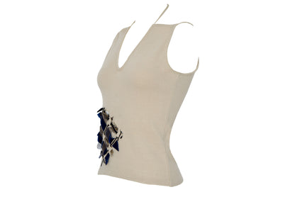Vintage Amaya Arzuaga wool blend knit deconstructed top with woven ribbon appliqué
