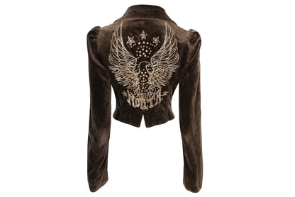 2000s Nolita brown velvet fitted cropped jacket with studded embroidered back - Made in Italy