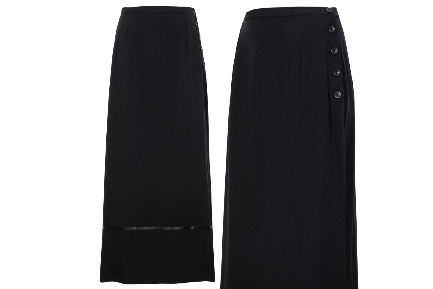 1990s Corinne Sarrut black maxi skirt with side button fastening and satin ribbon detailing