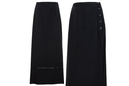 1990s Corinne Sarrut black maxi skirt with side button fastening and satin ribbon detailing