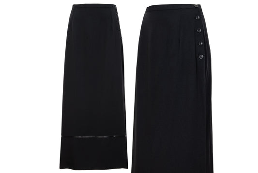 1990s Corinne Sarrut black maxi skirt with side button fastening and satin ribbon detailing