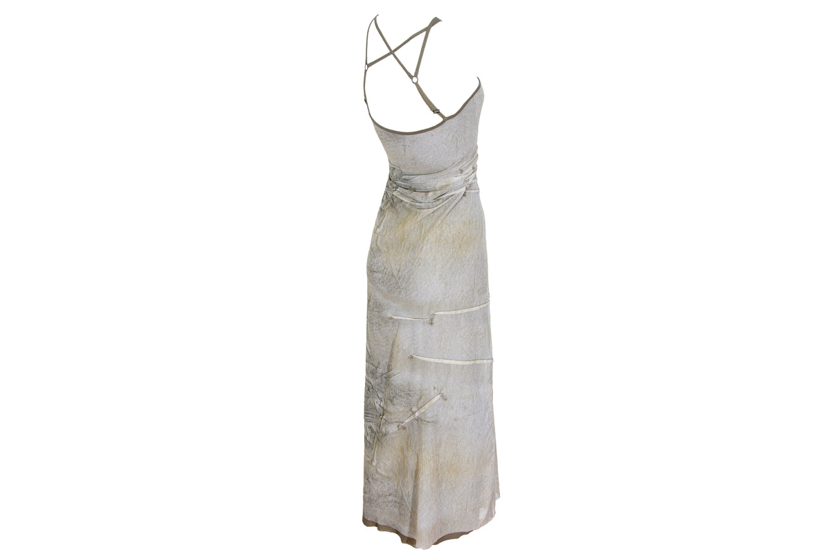 90s French brand mesh earth tones abstract print criss cross back spaghetti straps dress
