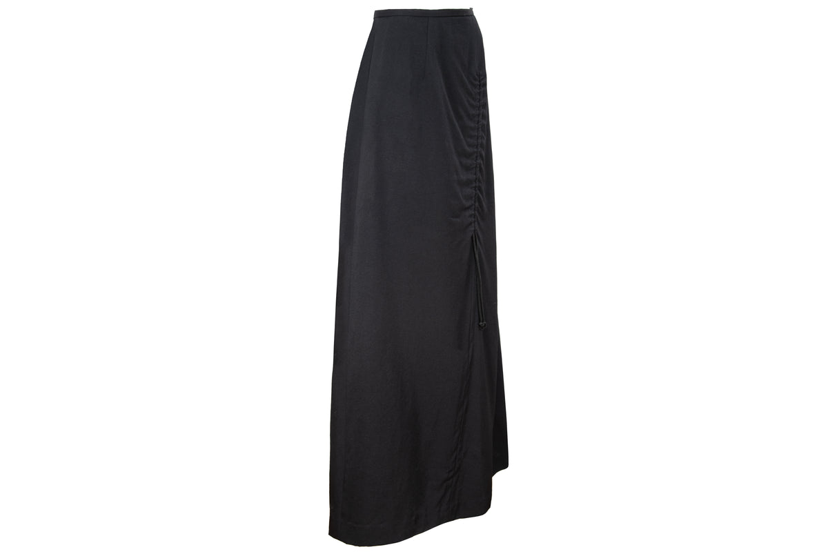 Vintage Atsuro Tayama black wool maxi skirt with adjustable ruched drawstring - Made in Japan