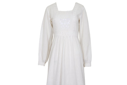 1970s white cotton gauze empire waist embroidered maxi dress