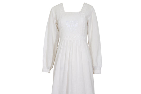 1970s white cotton gauze empire waist embroidered maxi dress