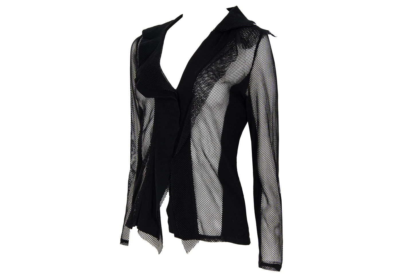 Vintage Ritsuko Shirahama black fishnet top with contrast panels and asymmetrical construction