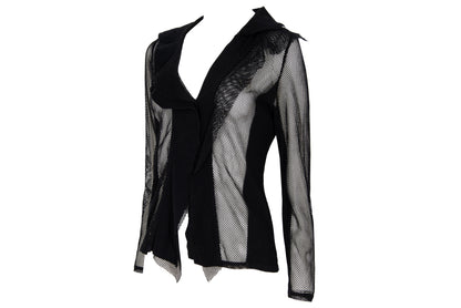 Vintage Ritsuko Shirahama black fishnet top with contrast panels and asymmetrical construction