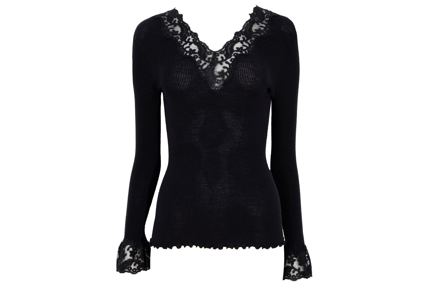 Vintage silk and wool sheer lace plunging neckline long sleeves top / Made in Italy