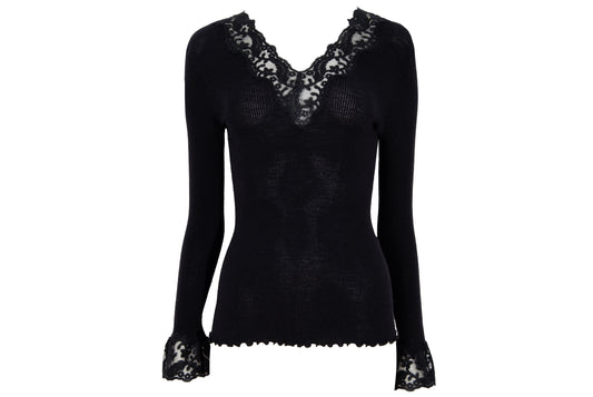 Vintage silk and wool sheer lace plunging neckline long sleeves top / Made in Italy