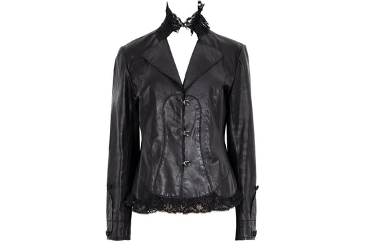 Vintage Victorian inspired black leather jacket with lace details - 2000s high end Belgian brand