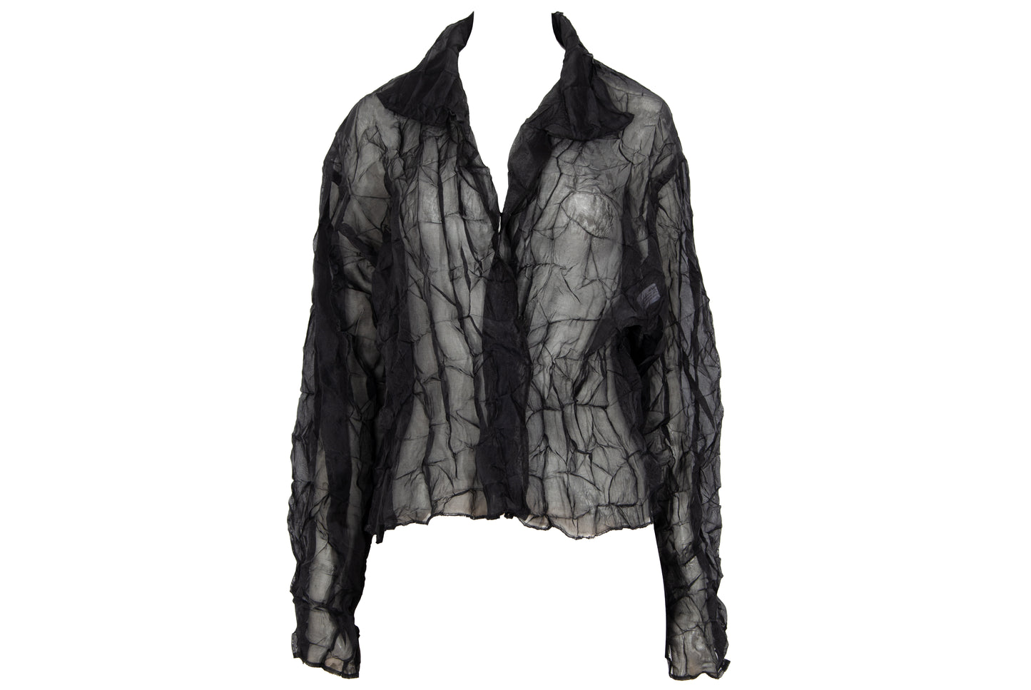 80s French designer permanent pleats sheer black open front blouse