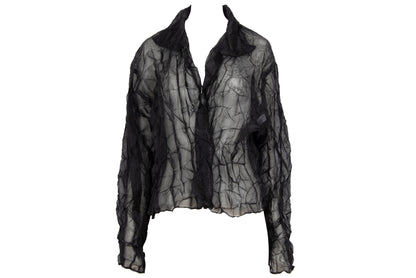80s French designer permanent pleats sheer black open front blouse