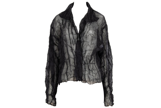 80s French designer permanent pleats sheer black open front blouse