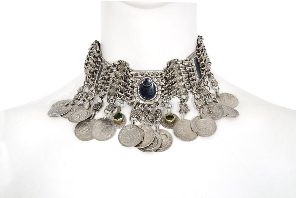 Vintage Kuchi tribal bib choker necklace with coin pendants - Vintage ethnic jewelry