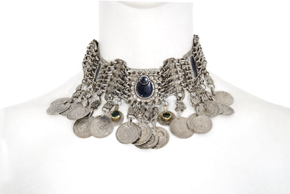 Vintage Kuchi tribal bib choker necklace with coin pendants - Vintage ethnic jewelry
