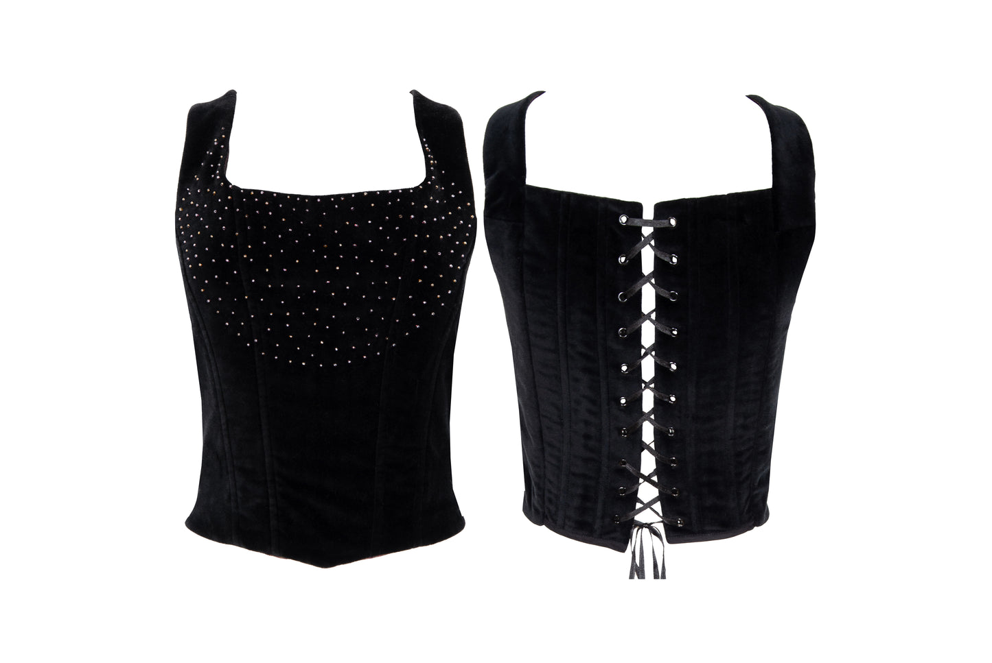 1990s Nicole Cadine black velvet corset with crystal beads and lace-up back