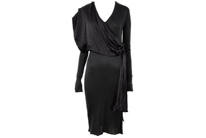 1980s Michel Klein black dress with draped 100% silk integrated scarf