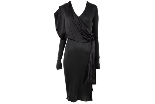 1980s Michel Klein black dress with draped 100% silk integrated scarf