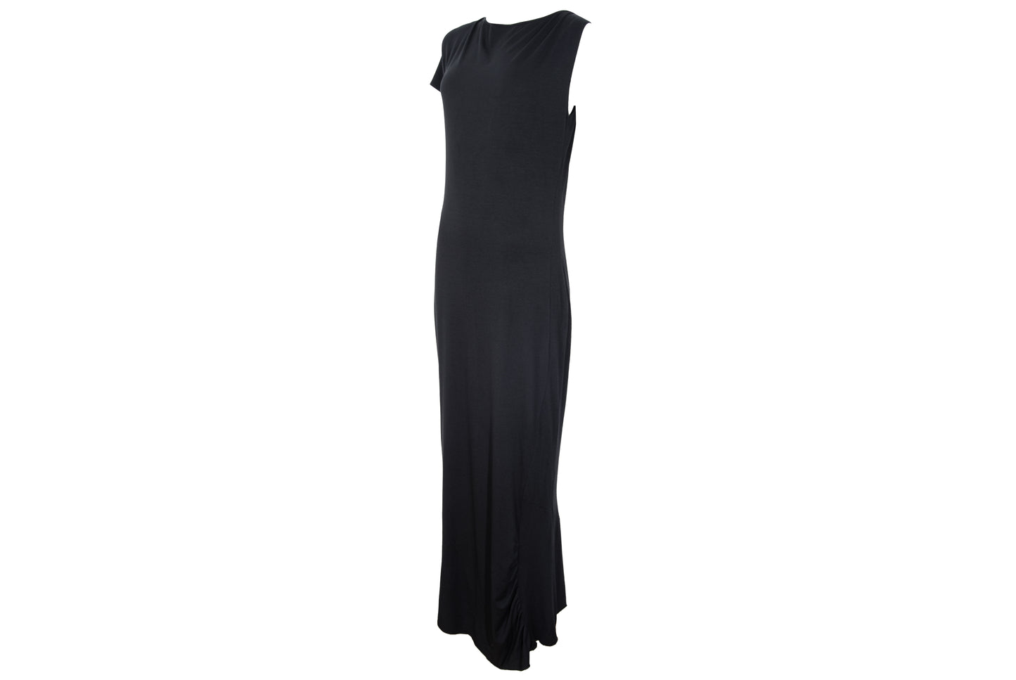 Vintage PierAntonioGaspari minimal black maxi dress with dramatic low back and asymmetrical sleeves