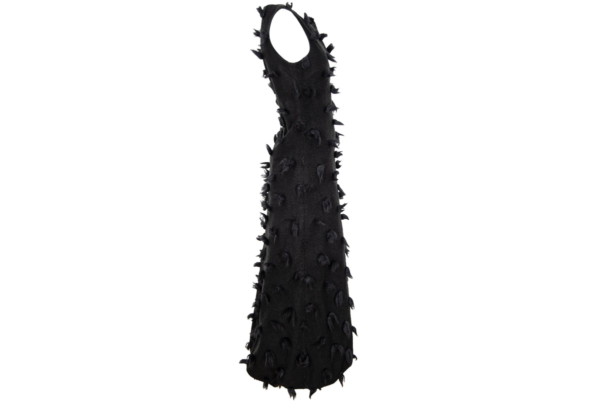 Rare Biche de Bere black boiled wool dress with 3D tufted wool pompom details