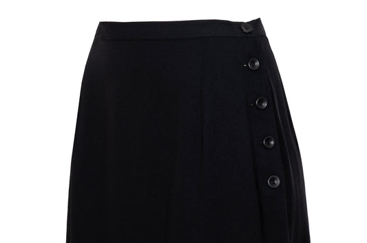 1990s Corinne Sarrut black maxi skirt with side button fastening and satin ribbon detailing