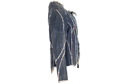 2000s French brand deconstructed denim hook & eye closure distressed denim shirt