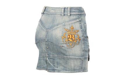 2000s Antonio Berardi mini denim skirt with asymmetrical closure and utility pockets