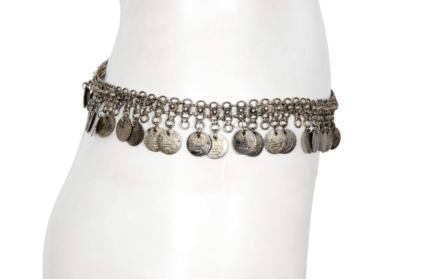 1970s Afghan Kuchi style silver tone metal chain belt with coin charms