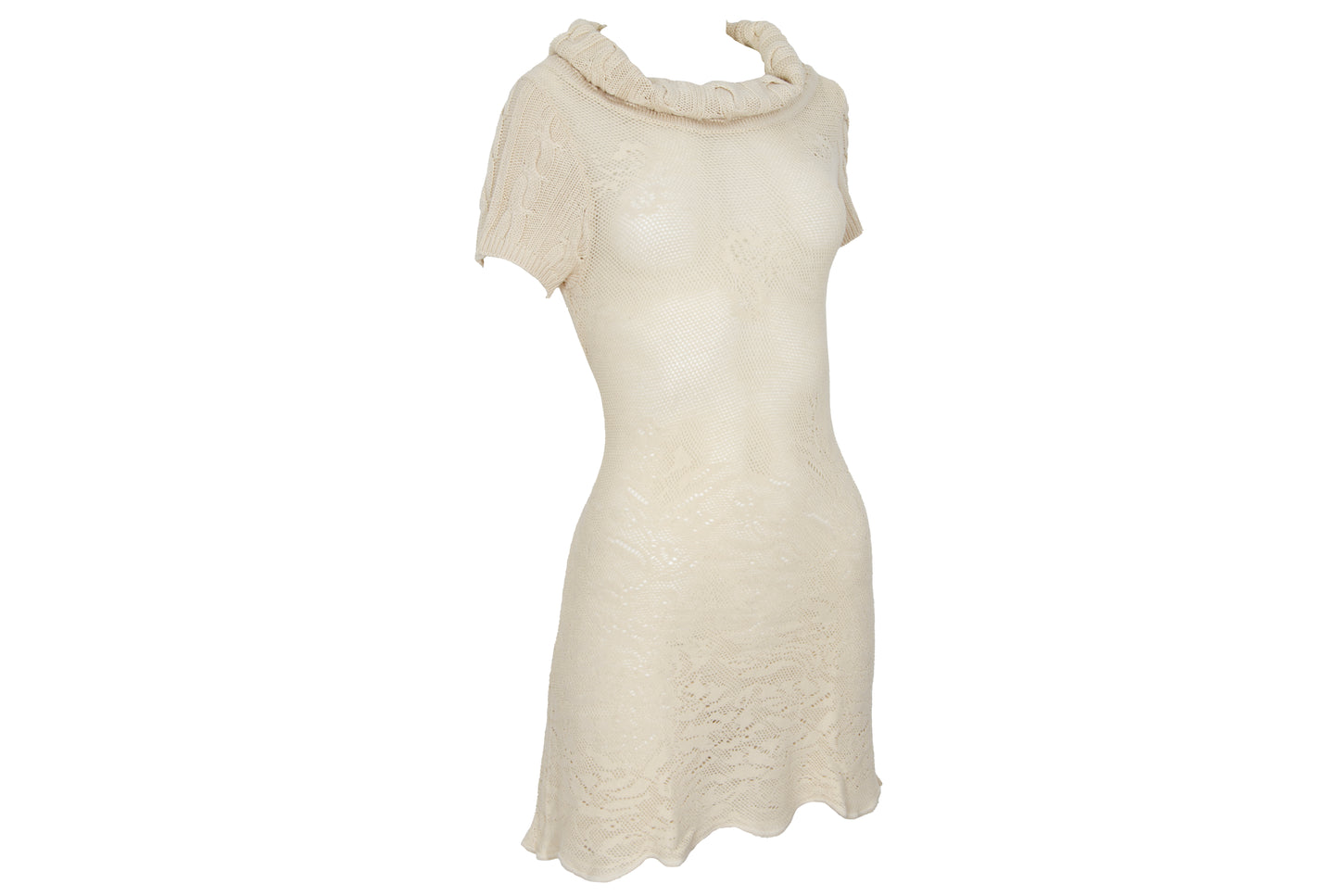 F/W 2002 Simultaneous cream open knit turtleneck mini dress - Made in Italy