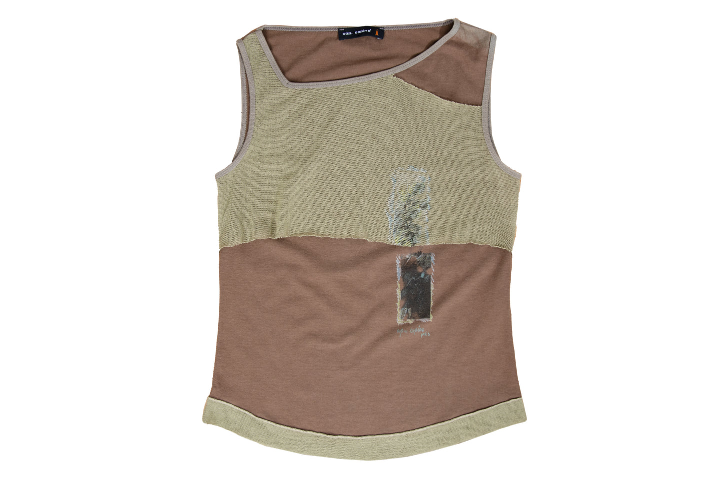 2000s Cop Copine cotton tank top with mesh overlays and abstract photo print