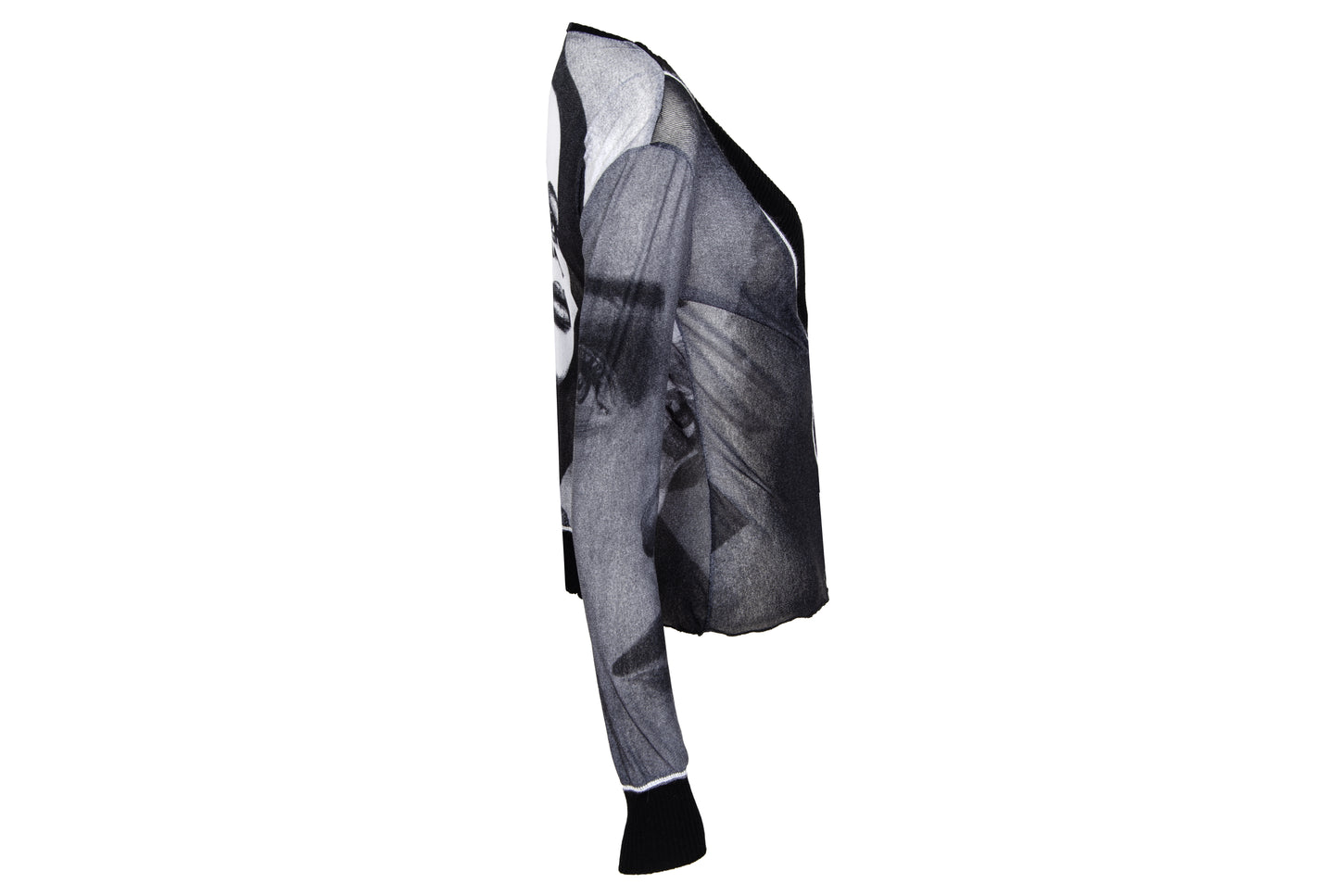 2000s sheer mesh black and white portrait print knit trim cardigan - Made in Italy