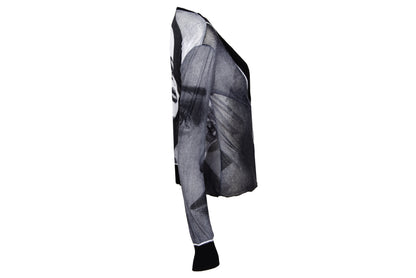 2000s sheer mesh black and white portrait print knit trim cardigan - Made in Italy