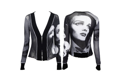 2000s sheer mesh black and white portrait print knit trim cardigan - Made in Italy