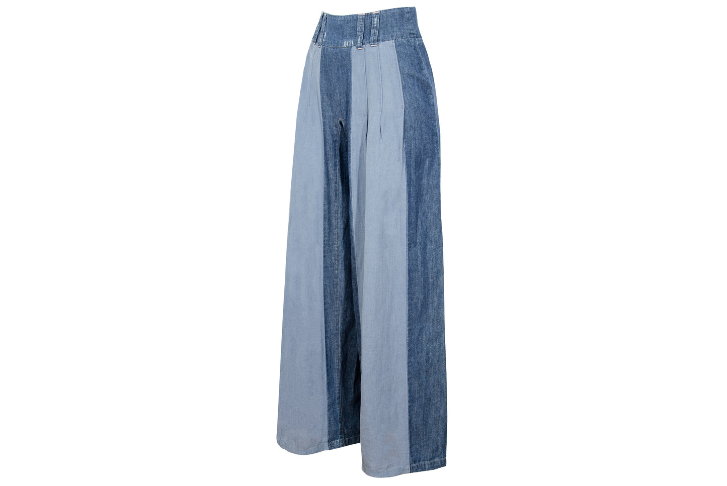 2000s Michiko Koshino two tone patchwork blue denim dramatic wide leg pants