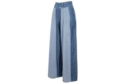 2000s Michiko Koshino two tone patchwork blue denim dramatic wide leg pants