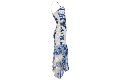 Vintage Italian designer silk abstract print asymmetrical ruffle hem spaghetti strap mermaid dress
