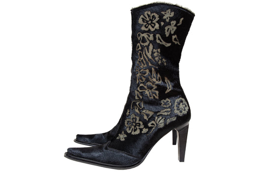 Vintage black calf hair Italian boots with floral motif and sleek high heel