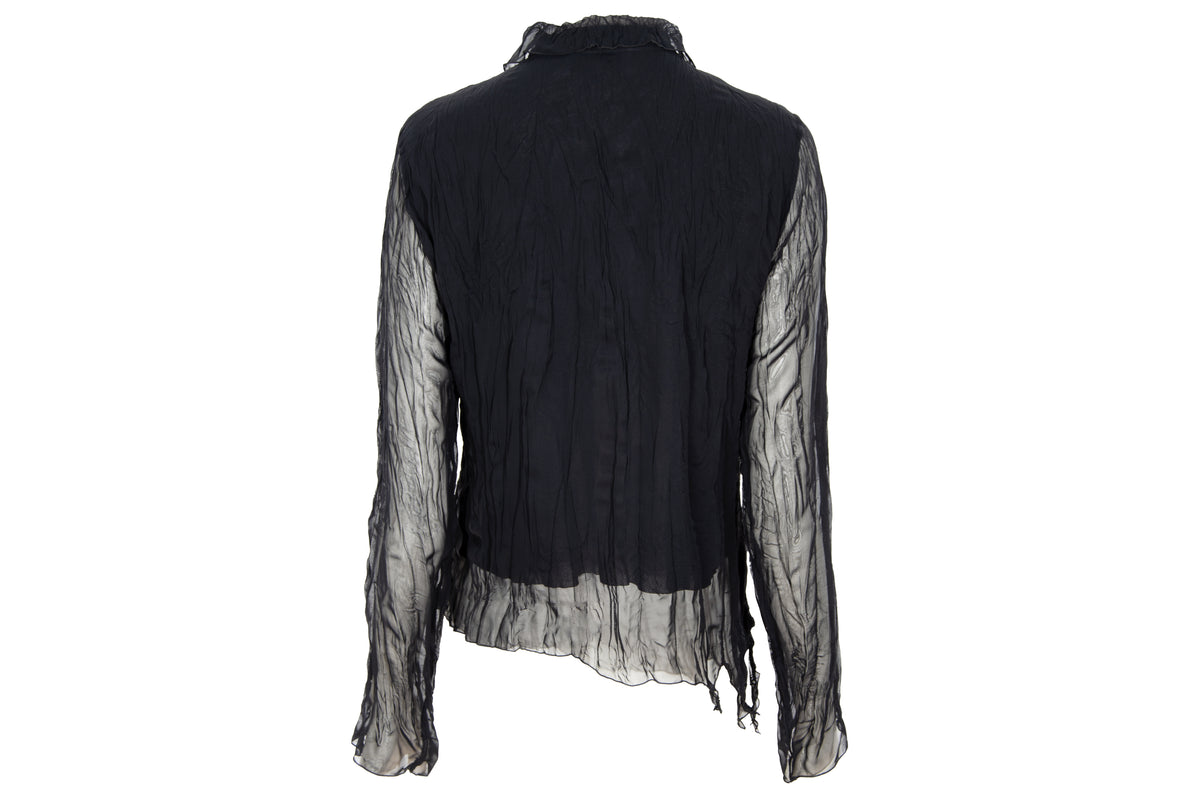 Vintage black sheer permanent pleats crinkled black blouse - Made in France