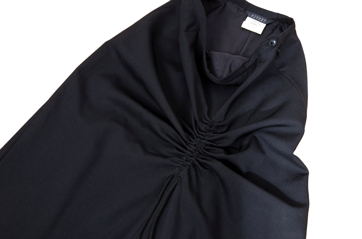 Vintage Atsuro Tayama black wool maxi skirt with adjustable ruched drawstring - Made in Japan