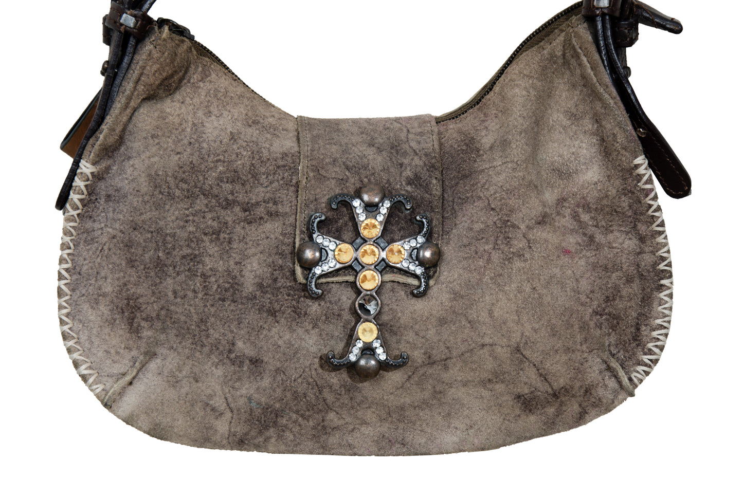 90s aged brown suede medieval bejeweled cross bag - Made in Italy