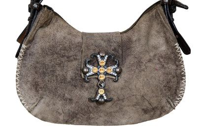 90s aged brown suede medieval bejeweled cross bag - Made in Italy