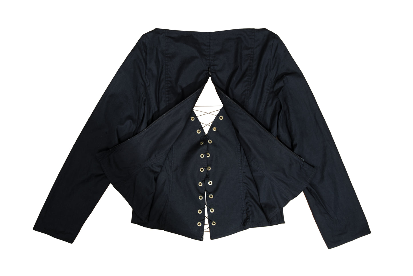 Vintage Easton Pearson black cotton corset inspired lace-up blouse with zip back opening