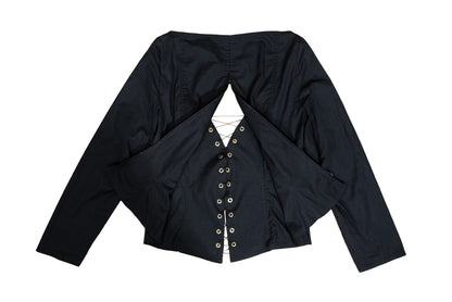 Vintage Easton Pearson black cotton corset inspired lace-up blouse with zip back opening