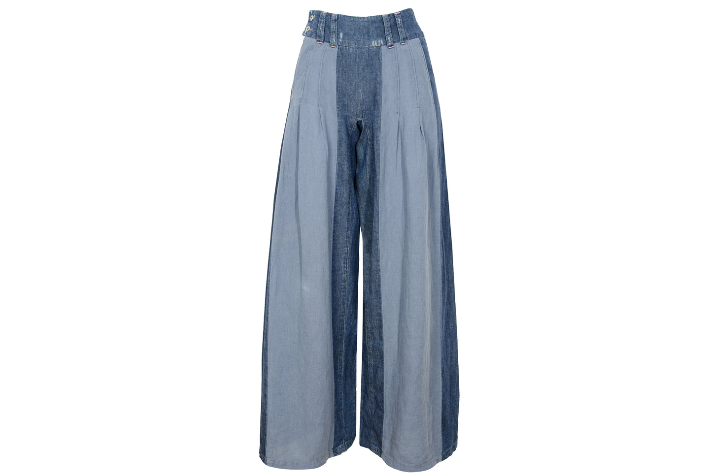 2000s Michiko Koshino two tone patchwork blue denim dramatic wide leg pants