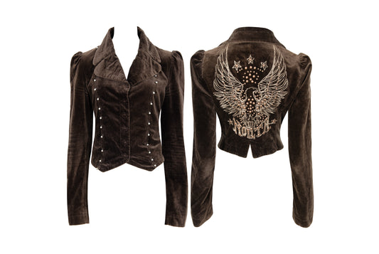 2000s Nolita brown velvet fitted cropped jacket with studded embroidered back - Made in Italy