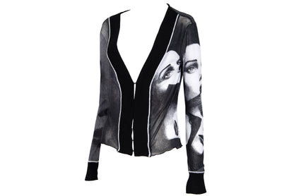 2000s sheer mesh black and white portrait print knit trim cardigan - Made in Italy
