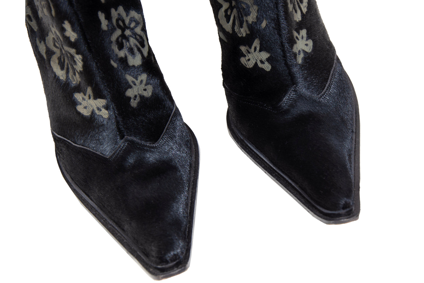 Vintage black calf hair Italian boots with floral motif and sleek high heel